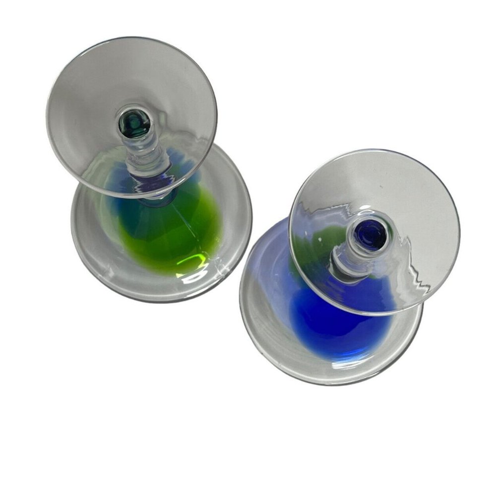 Hand Blown Blue Green Art Swirl Martini Bar Modern Cocktail Glasses Stemware - Picture 5 of 8